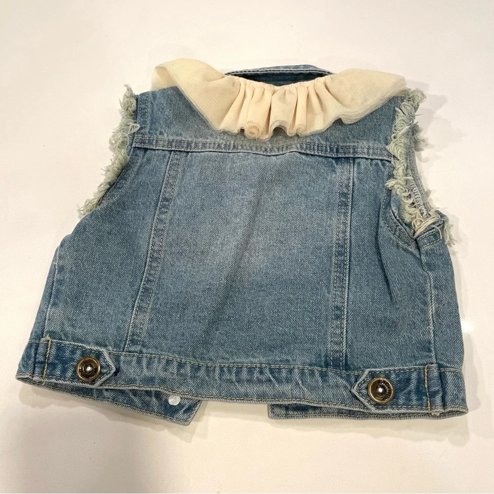 Distressed Denim Vest with Tulle Collar